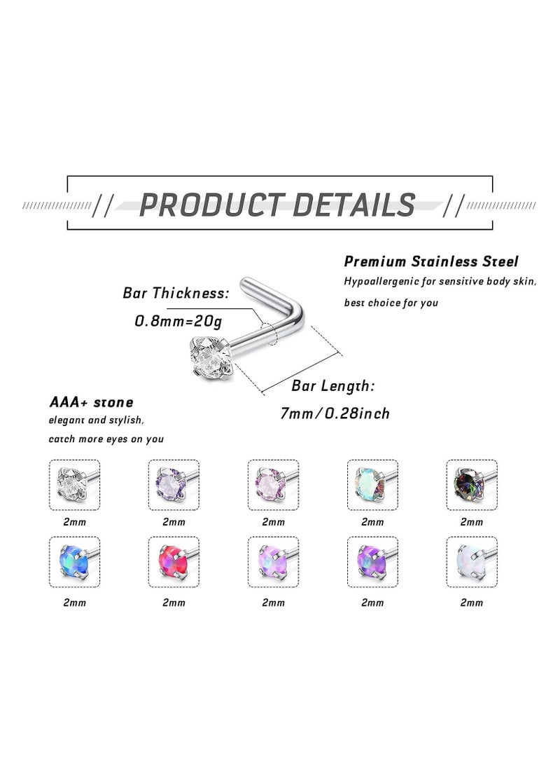 SYOSI - 20G Titanium Nose Studs Set - Elegant Opal CZ L-Shaped Nose Rings for Women's Nostril Piercing Jewelry (12 PCS) - Image 1