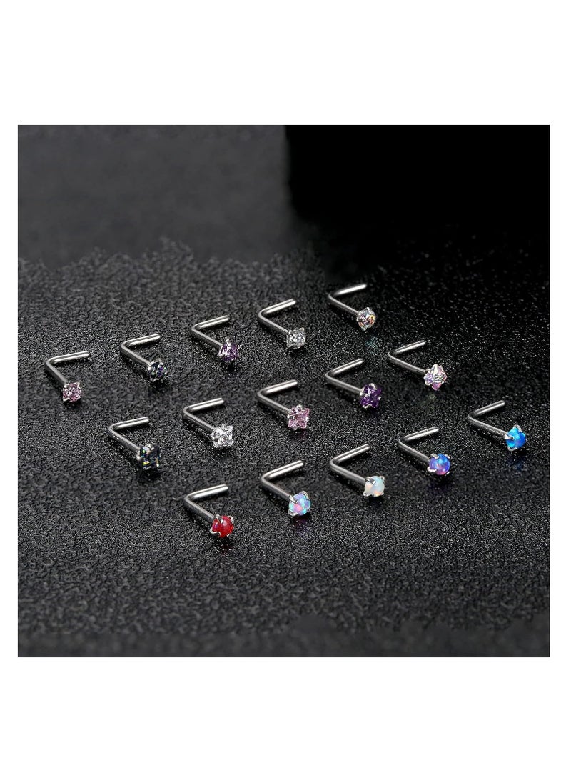 SYOSI - 20G Titanium Nose Studs Set - Elegant Opal CZ L-Shaped Nose Rings for Women's Nostril Piercing Jewelry (12 PCS) - Image 1