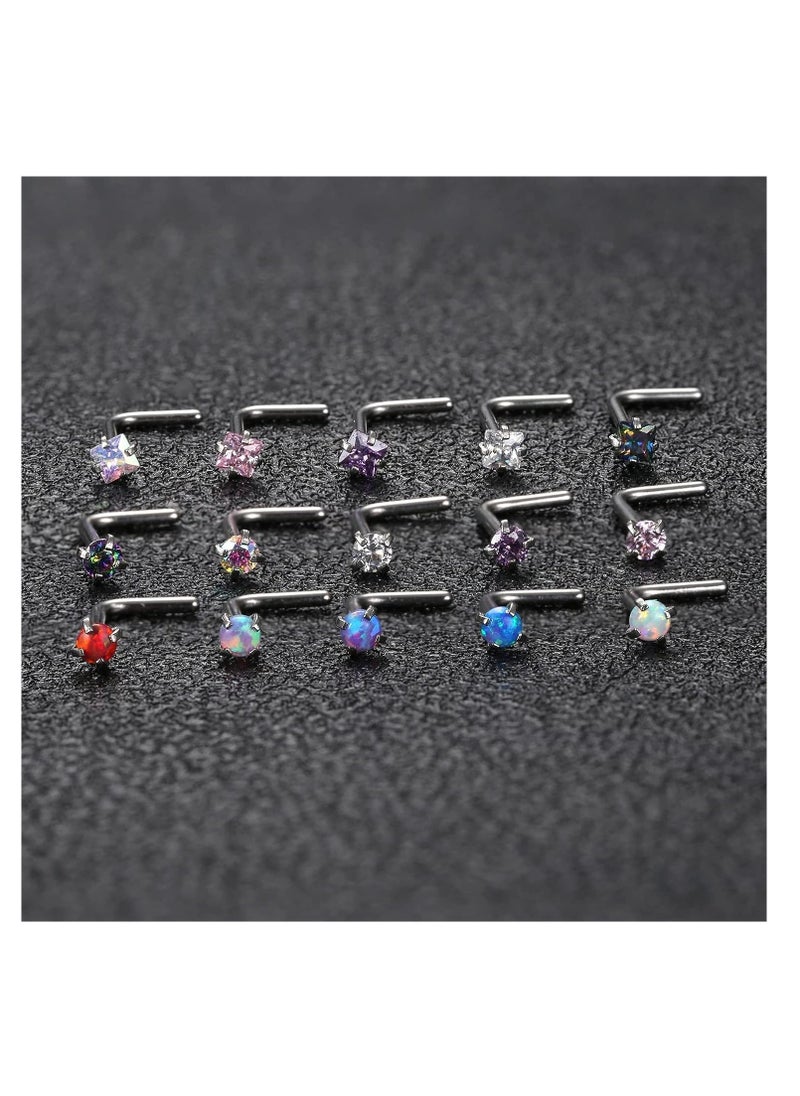 SYOSI - 20G Titanium Nose Studs Set - Elegant Opal CZ L-Shaped Nose Rings for Women's Nostril Piercing Jewelry (12 PCS) - Image 1