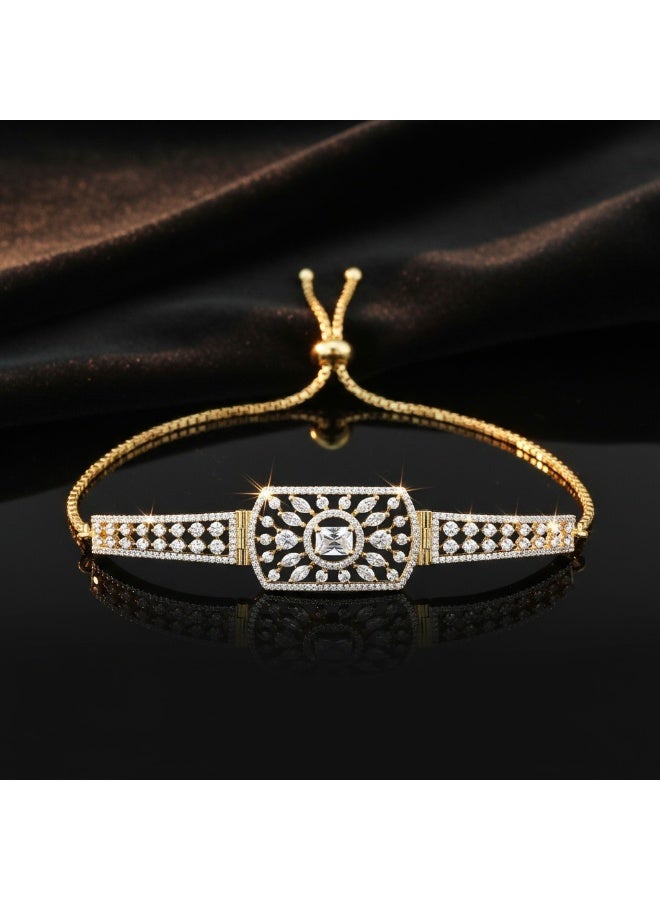 Pretty Precious Cubic Zirconia Adjustable American Diamond Chain Bracelet for Women and Girls | Elegant Gold and Rhodium Plated Jewellery - Image 4