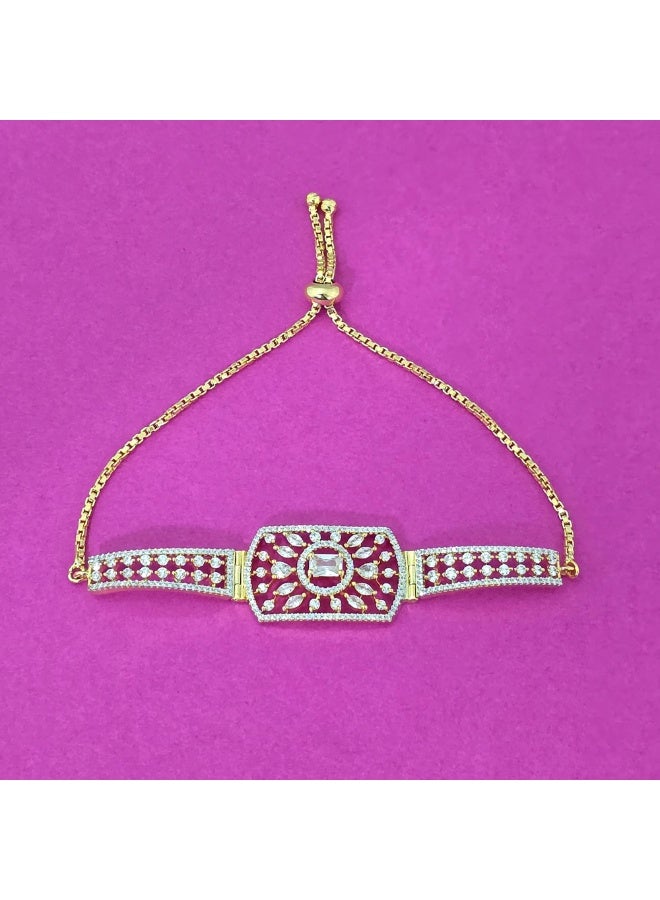 Pretty Precious Cubic Zirconia Adjustable American Diamond Chain Bracelet for Women and Girls | Elegant Gold and Rhodium Plated Jewellery - Image 2