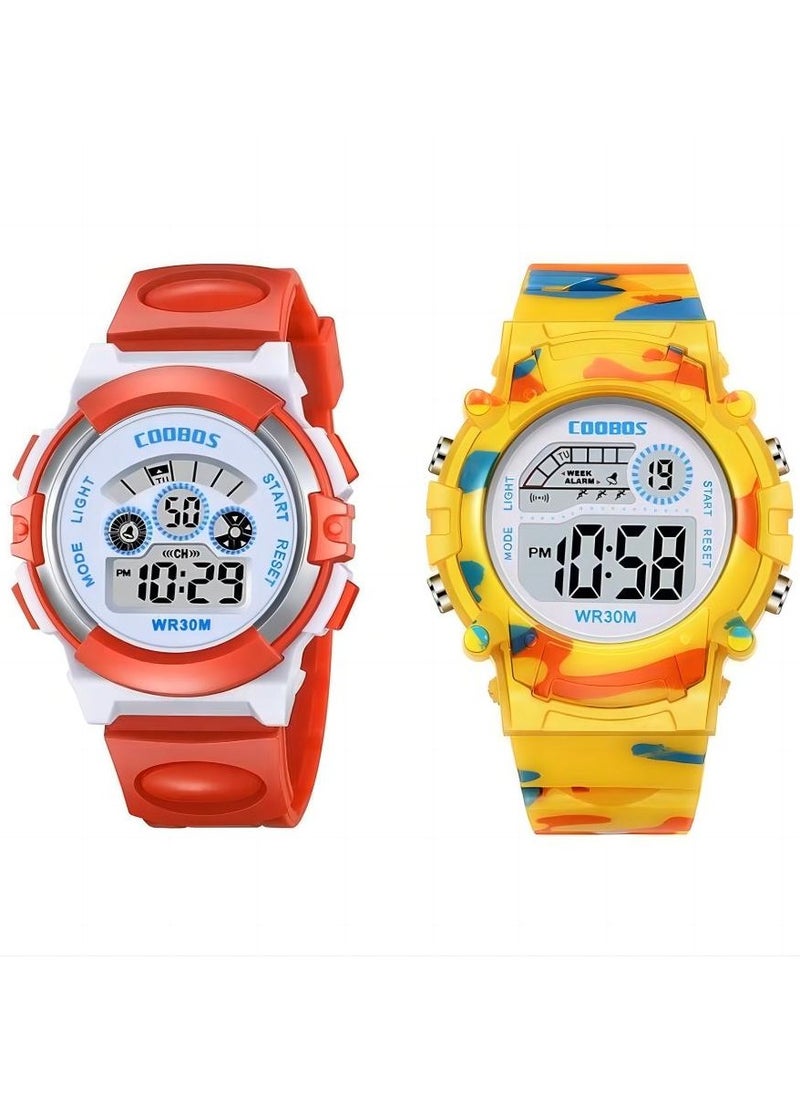 Coobos - 2PCS Children's Waterproof Rubber Digital Watch Red/Yellow - Image 1