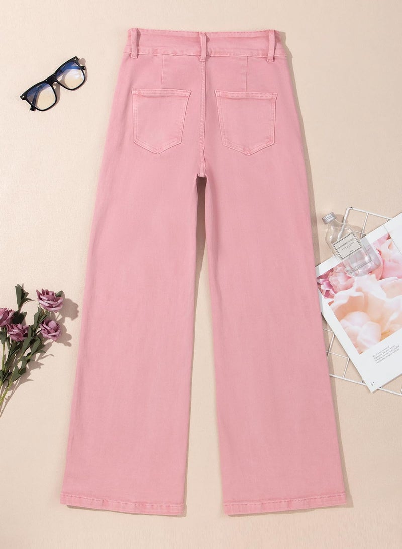 Sidefeel Womens Wide Leg Jeans Casual Baggy High Waisted Stretch Denim Pants Size 12 Pink - Image 5