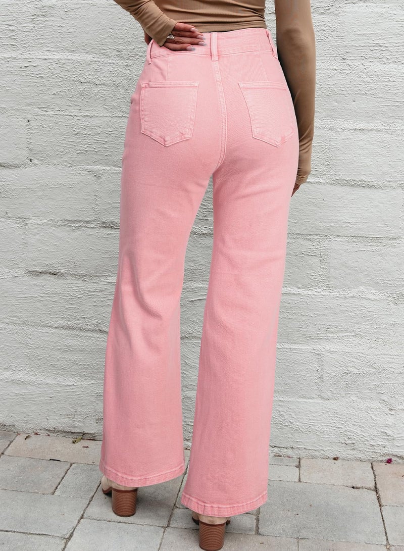 Sidefeel Womens Wide Leg Jeans Casual Baggy High Waisted Stretch Denim Pants Size 12 Pink - Image 2