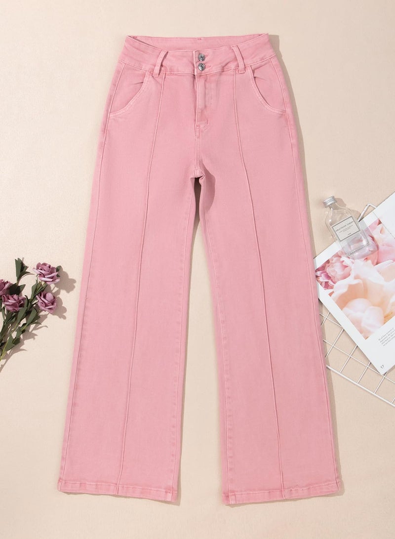 Sidefeel Womens Wide Leg Jeans Casual Baggy High Waisted Stretch Denim Pants Size 12 Pink - Image 4