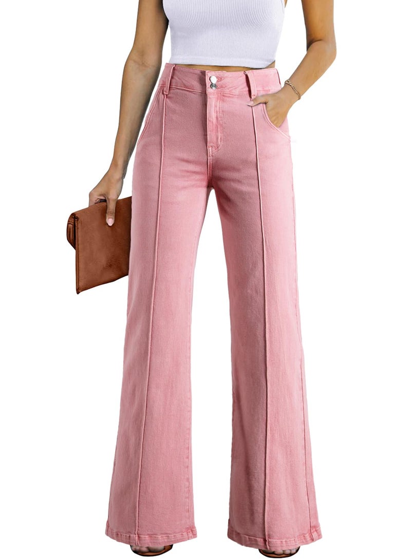 Sidefeel Womens Wide Leg Jeans Casual Baggy High Waisted Stretch Denim Pants Size 12 Pink - Image 1