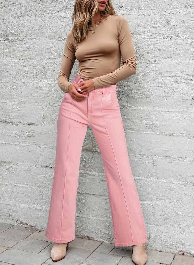 Sidefeel Womens Wide Leg Jeans Casual Baggy High Waisted Stretch Denim Pants Size 12 Pink - Image 3