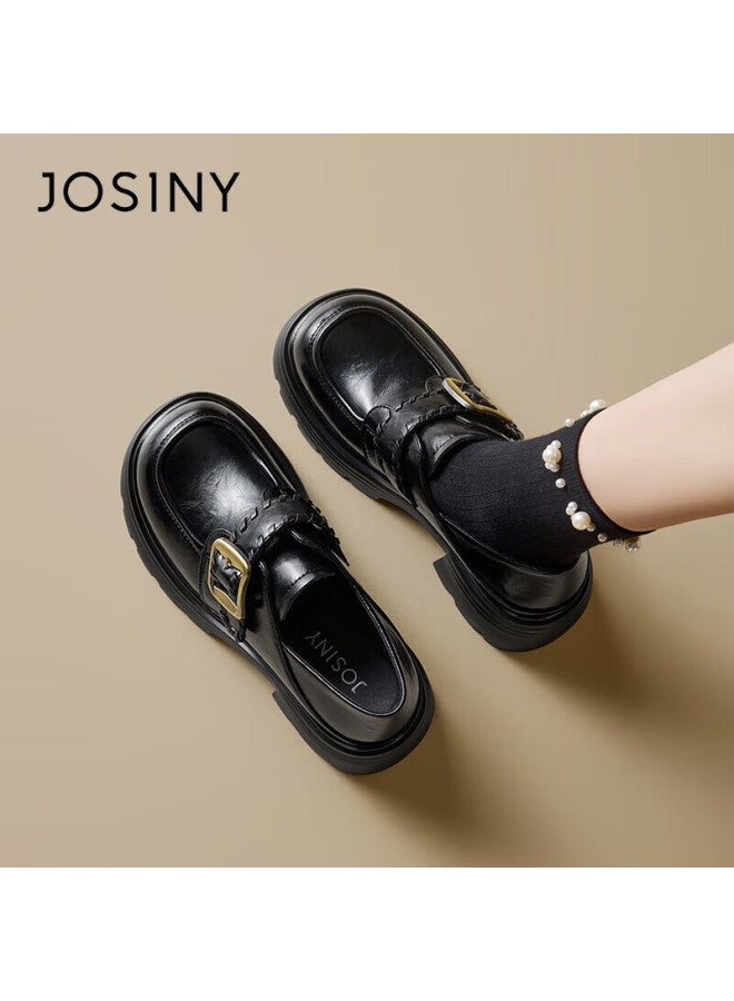 Josiny Zhuoshini Women's Thick-soled Loafers Spring New British Style Slip-on Casual Leather Shoes Black Size 39 - Image 3