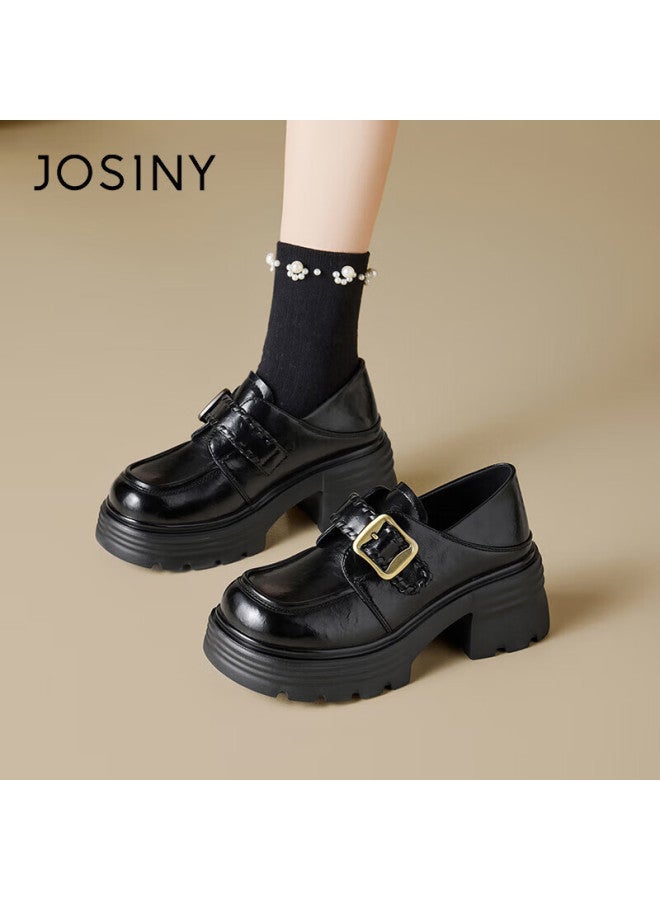 Josiny Zhuoshini Women's Thick-soled Loafers Spring New British Style Slip-on Casual Leather Shoes Black Size 39 - Image 2