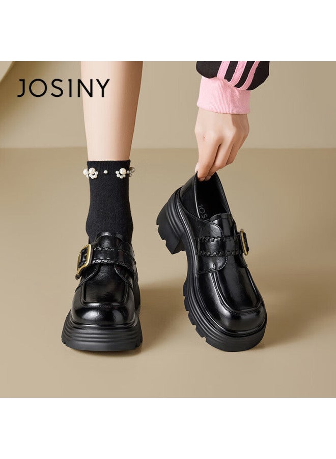 Josiny Zhuoshini Women's Thick-soled Loafers Spring New British Style Slip-on Casual Leather Shoes Black Size 39 - Image 4