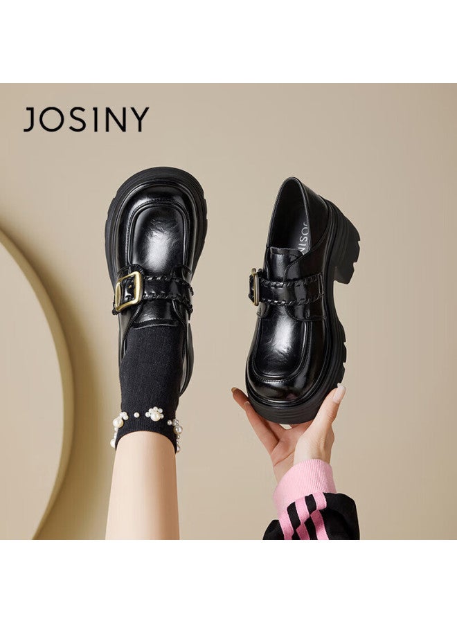 Josiny Zhuoshini Women's Thick-soled Loafers Spring New British Style Slip-on Casual Leather Shoes Black Size 39 - Image 1