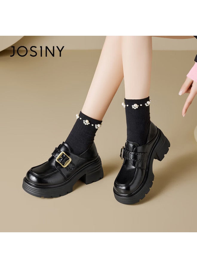 Josiny Zhuoshini Women's Thick-soled Loafers Spring New British Style Slip-on Casual Leather Shoes Black Size 39 - Image 5