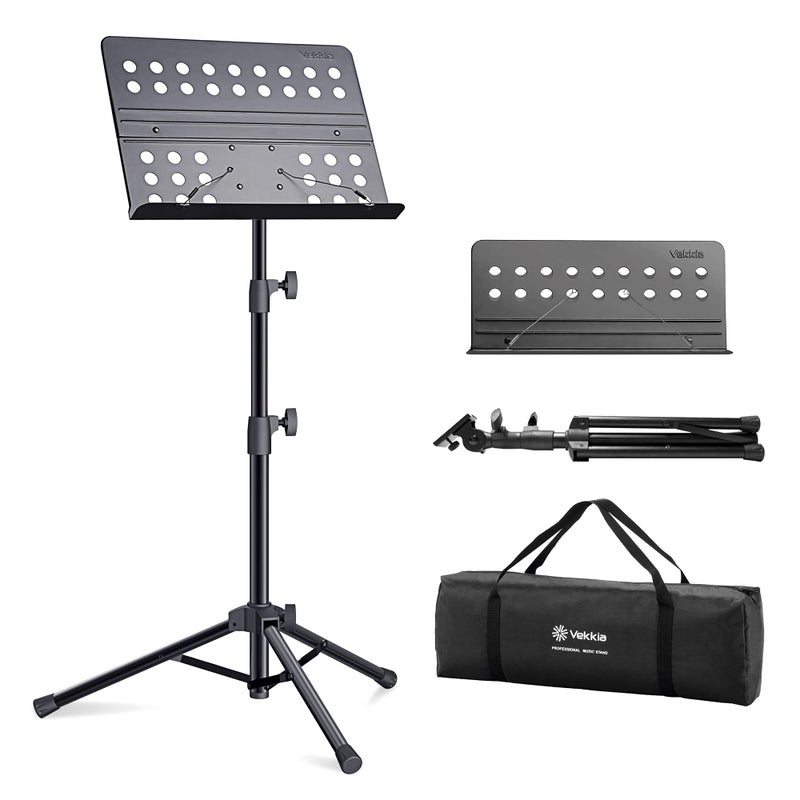Vekkia Metal Professional Portable Perforated Sheet Music Stand - Folding Adjustable Holder, with Carrying Bag, Sturdy for Instrumental Performance, Band & Travel - Image 1