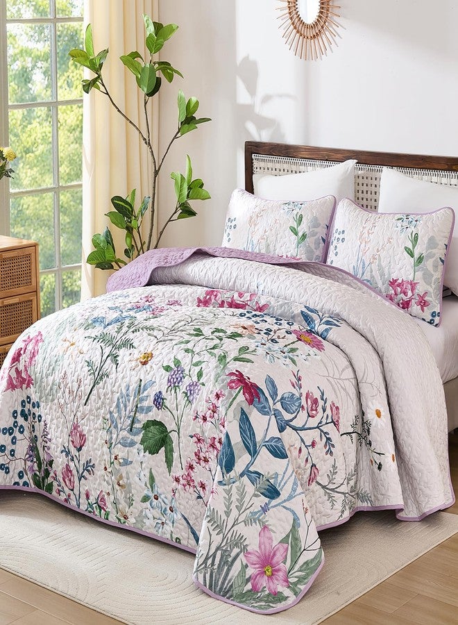 Yiran Floral Quilt Set Queen Size, Purple Botanical Bedspreads Bedding Set, 3 Pieces Summer Soft Lightweight Microfiber Coverlet with 2 Pillow Shams for All Season 96x90 Inch - Image 2