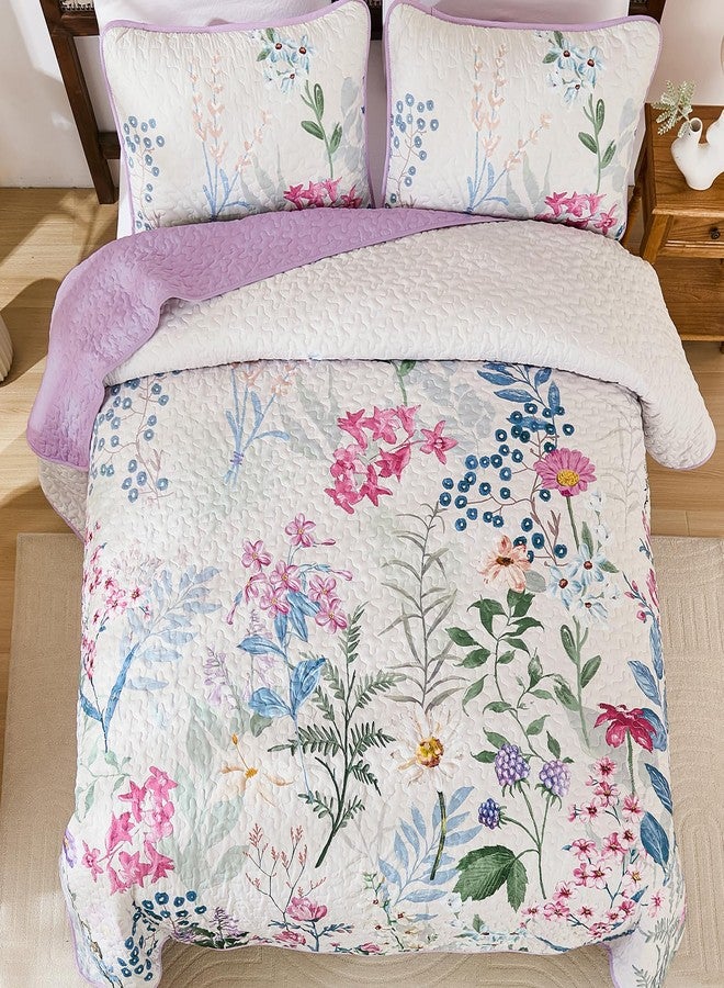 Yiran Floral Quilt Set Queen Size, Purple Botanical Bedspreads Bedding Set, 3 Pieces Summer Soft Lightweight Microfiber Coverlet with 2 Pillow Shams for All Season 96x90 Inch - Image 4