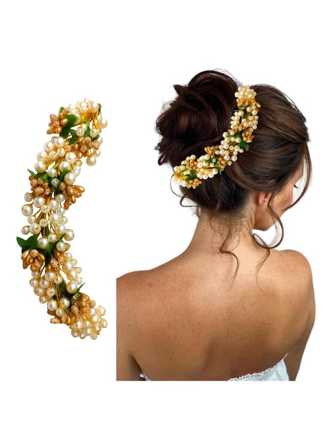 Hair Flare - Pearl And Beads With Golden Pollen Design Hair Vein/Judabun Clip | Hair Accessories For Women And Girls | Golden - 2343 - Image 1