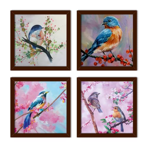 PAPER PLANE DESIGN Birds Painting For Wall Set of 4 Brown Framed Art (BIRDS) - Image 1