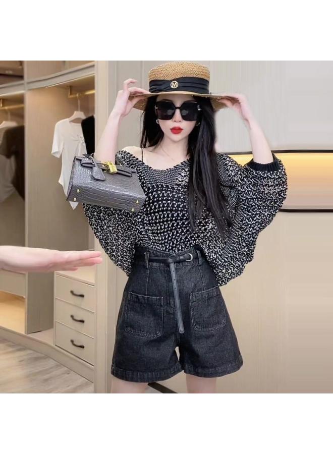 Plus Size Bat Sleeve Brilliant Silk Hollow Knit Thin Women's Sun-protective Shirt Loose Solid Color V-neck Pullover Air-conditioning Shirt 
