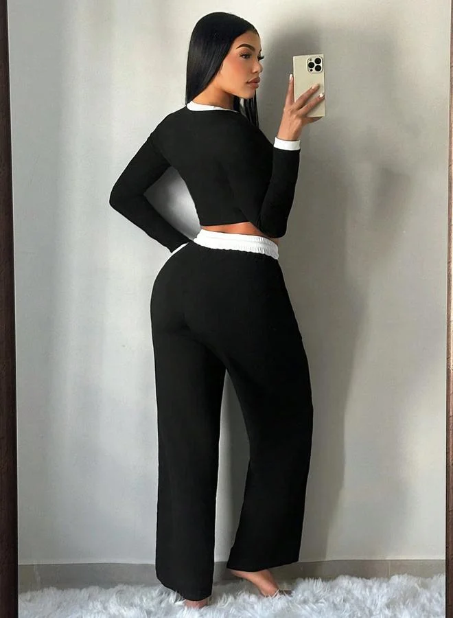 Take Two Women Contrast Round Neck Top and Drawstring Pants Co-Ords