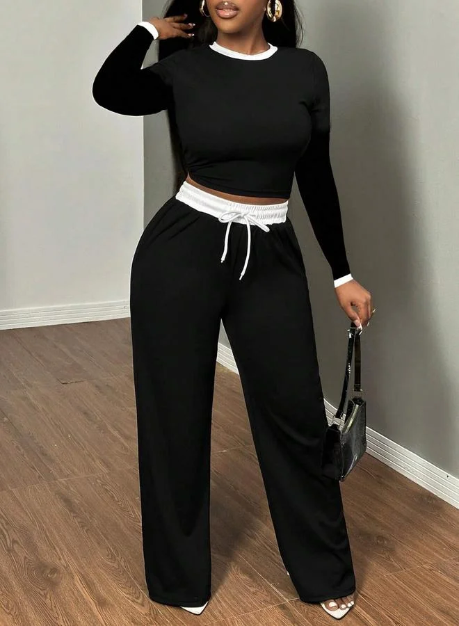 Take Two Women Contrast Round Neck Top and Drawstring Pants Co-Ords