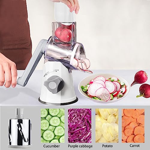 BNUNWISH Handheld Rotary Cheese Grater Shredder- 3 Interchangeable Stainless Steel Drum Blades Manual Round Mandolin Vegetable Slicer Nut Grinder with Upgraded Strong Suction Base & Free Sharp Peeler, White - Image 3