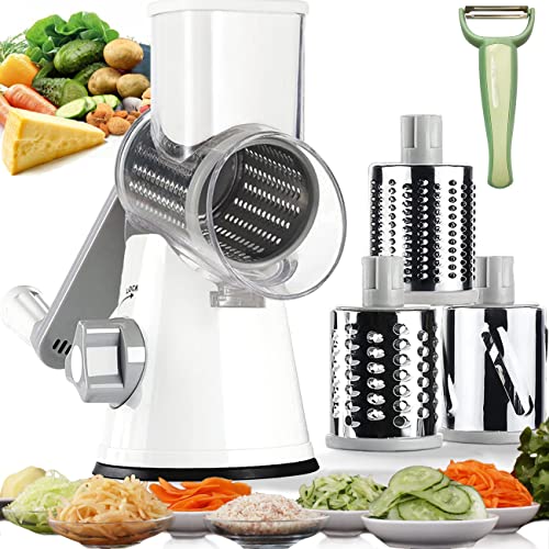 BNUNWISH Handheld Rotary Cheese Grater Shredder- 3 Interchangeable Stainless Steel Drum Blades Manual Round Mandolin Vegetable Slicer Nut Grinder with Upgraded Strong Suction Base & Free Sharp Peeler, White - Image 1