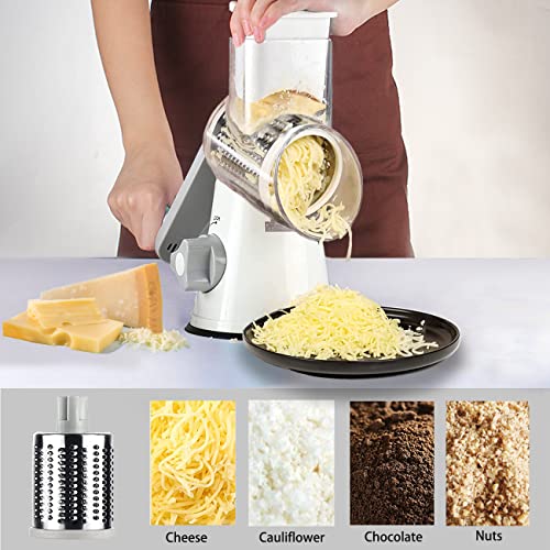 BNUNWISH Handheld Rotary Cheese Grater Shredder- 3 Interchangeable Stainless Steel Drum Blades Manual Round Mandolin Vegetable Slicer Nut Grinder with Upgraded Strong Suction Base & Free Sharp Peeler, White - Image 2