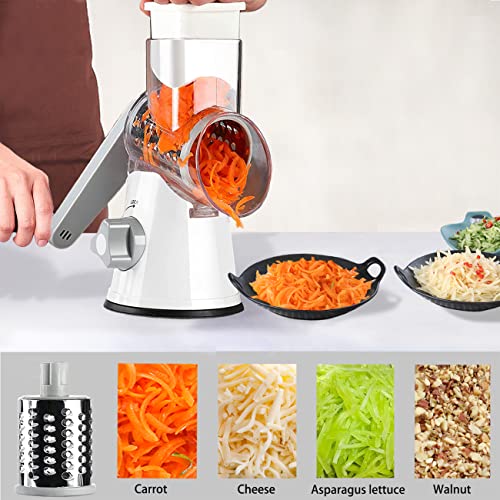 BNUNWISH Handheld Rotary Cheese Grater Shredder- 3 Interchangeable Stainless Steel Drum Blades Manual Round Mandolin Vegetable Slicer Nut Grinder with Upgraded Strong Suction Base & Free Sharp Peeler, White - Image 4