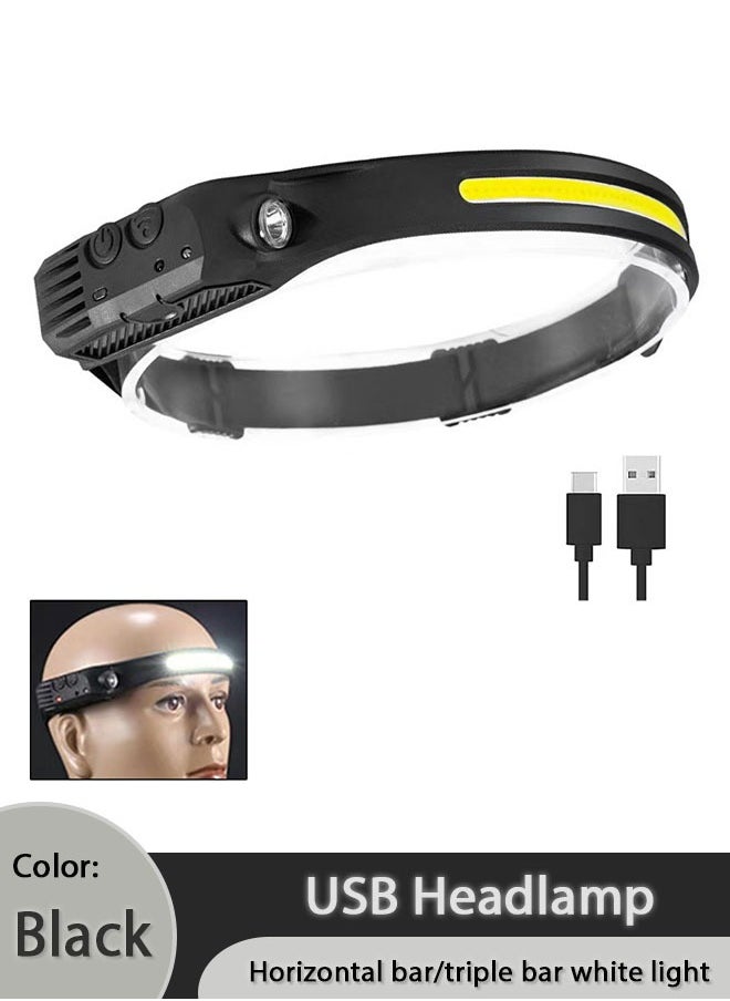 ماركة غير محددة مصباح أمامي USB، مصباح أمامي مقاوم للماء IPX4 مع شريط أفقي، ضوء أبيض، مصباح أمامي قابل لإعادة الشحن LED، كابل USB متضمن، 6 أوضاع للتخييم في الهواء الطلق والجري والمشي لمسافات طويلة وصيد الأسماك، أسود  - Image 1