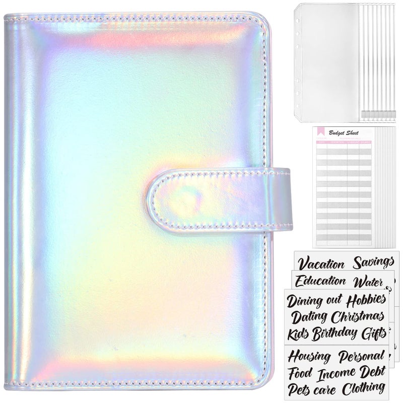 Sooez Laser Silver Money Organizer for Cash, A6 Budget Binder with Cash Envelopes, 39 Black Bold Sticky Labels & 24 Colorful Budget Sheets, Money Saving Binder for Budgeting - Image 1