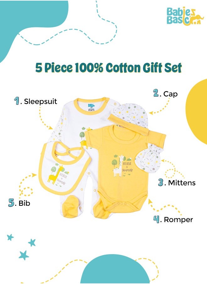 Babies Basic 5 Piece Unisex 100% Cotton Gift Set Include Bib, Romper, Mittens, Cap And Sleepsuit/Jumpsuit- Believe In Yourself  - Image 2