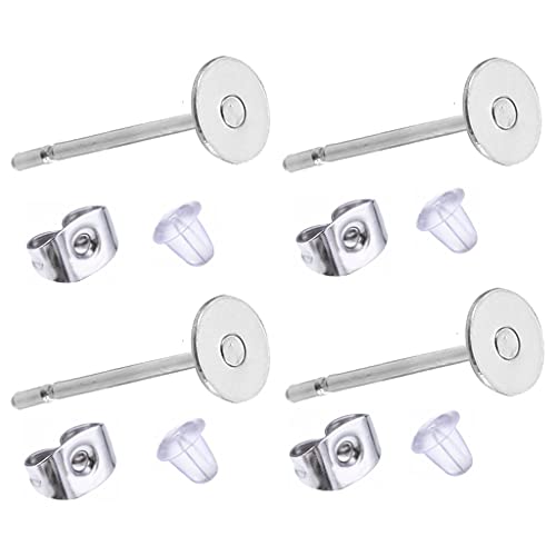 Newless 100 Pieces Stainless Steel Earrings Posts Flat Pad,100 Pieces Butterfly Earring Backs,100 Pieces Bullet Earring Backs,Total 300 Pieces (4mm) - Image 1
