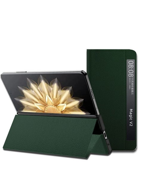 جراب لهاتف Honor Magic V2، يحتوي على وظيفة النوم/الاستيقاظ الذكية، ونوافذ شفافة، وحامل قابل للطي من الجلد الفاخر، وجراب حماية بإغلاق مغناطيسي.
