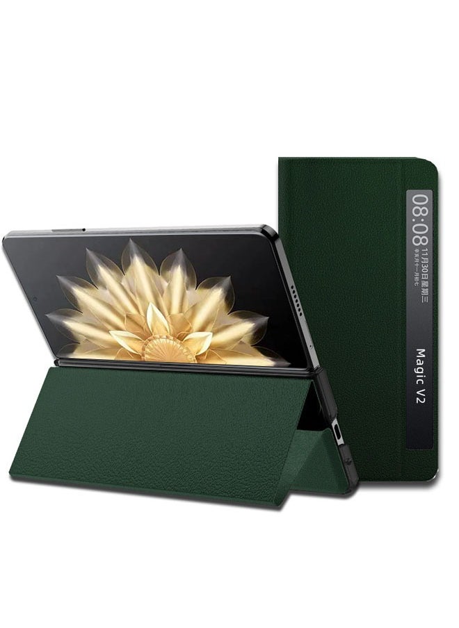 جراب لهاتف Honor Magic V2، يحتوي على وظيفة النوم/الاستيقاظ الذكية، ونوافذ شفافة، وحامل قابل للطي من الجلد الفاخر، وجراب حماية بإغلاق مغناطيسي.