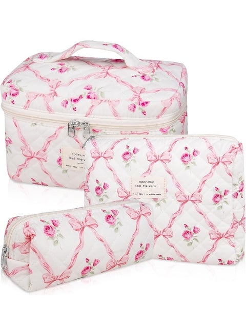 Makeup Bag Set 3 pcs, Quilted Makeup Bag, Large Floral Cosmetic Bag for Women, Cute Cotton Makeup Bag, Flower Travel Toiletry Organizer Bag