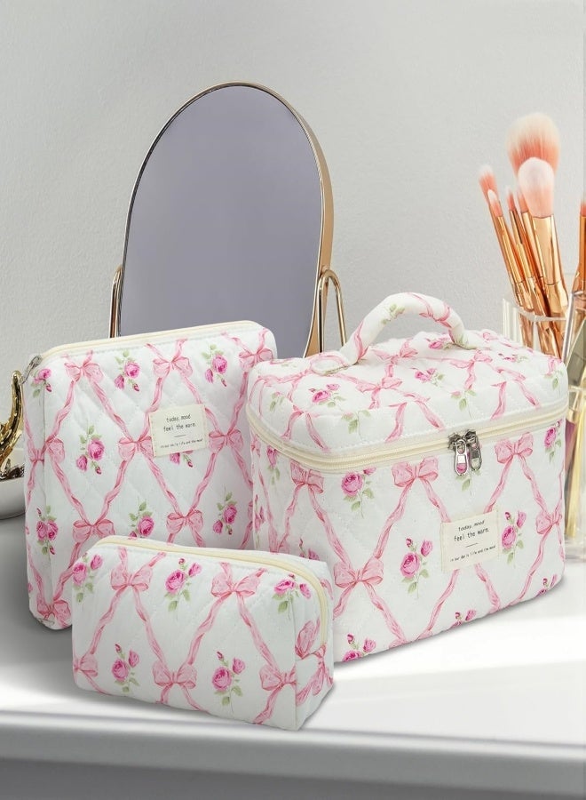 Makeup Bag Set 3 pcs, Quilted Makeup Bag, Large Floral Cosmetic Bag for Women, Cute Cotton Makeup Bag, Flower Travel Toiletry Organizer Bag
