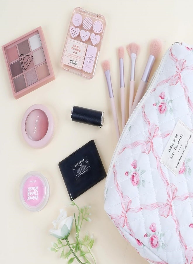 Makeup Bag Set 3 pcs, Quilted Makeup Bag, Large Floral Cosmetic Bag for Women, Cute Cotton Makeup Bag, Flower Travel Toiletry Organizer Bag