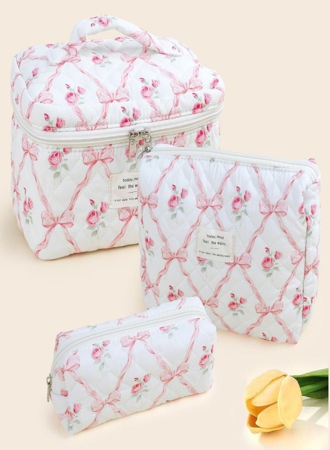 Makeup Bag Set 3 pcs, Quilted Makeup Bag, Large Floral Cosmetic Bag for Women, Cute Cotton Makeup Bag, Flower Travel Toiletry Organizer Bag