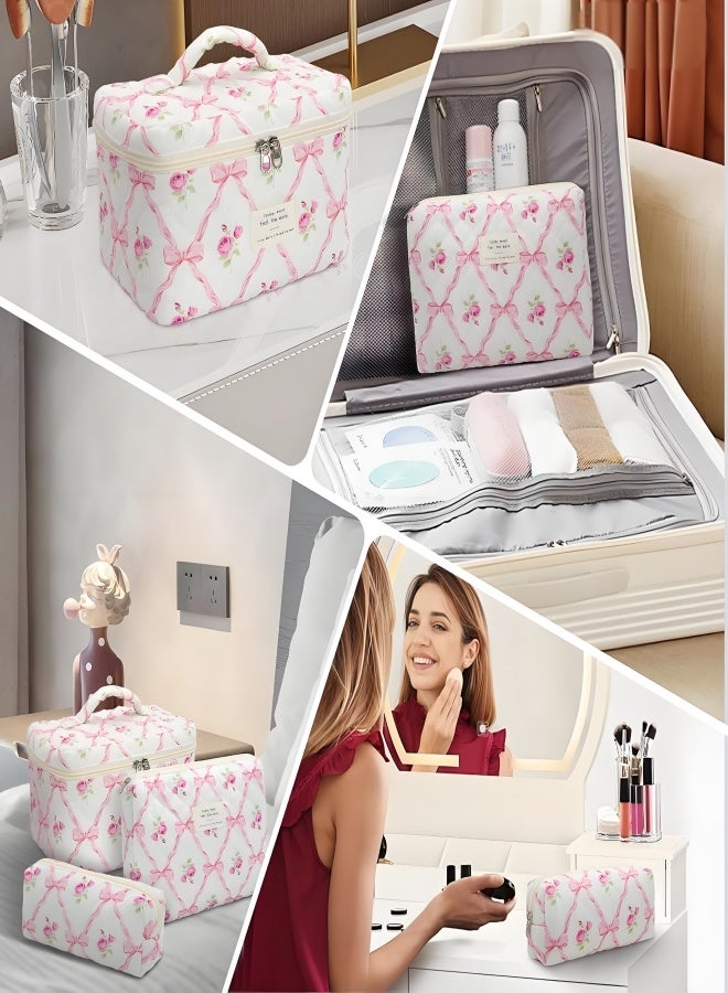 Makeup Bag Set 3 pcs, Quilted Makeup Bag, Large Floral Cosmetic Bag for Women, Cute Cotton Makeup Bag, Flower Travel Toiletry Organizer Bag