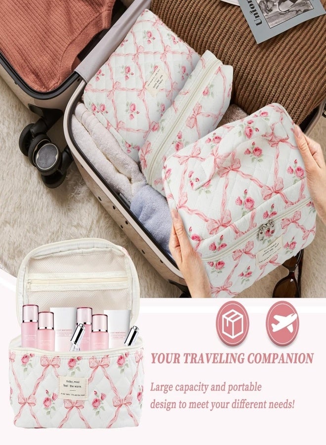 Makeup Bag Set 3 pcs, Quilted Makeup Bag, Large Floral Cosmetic Bag for Women, Cute Cotton Makeup Bag, Flower Travel Toiletry Organizer Bag