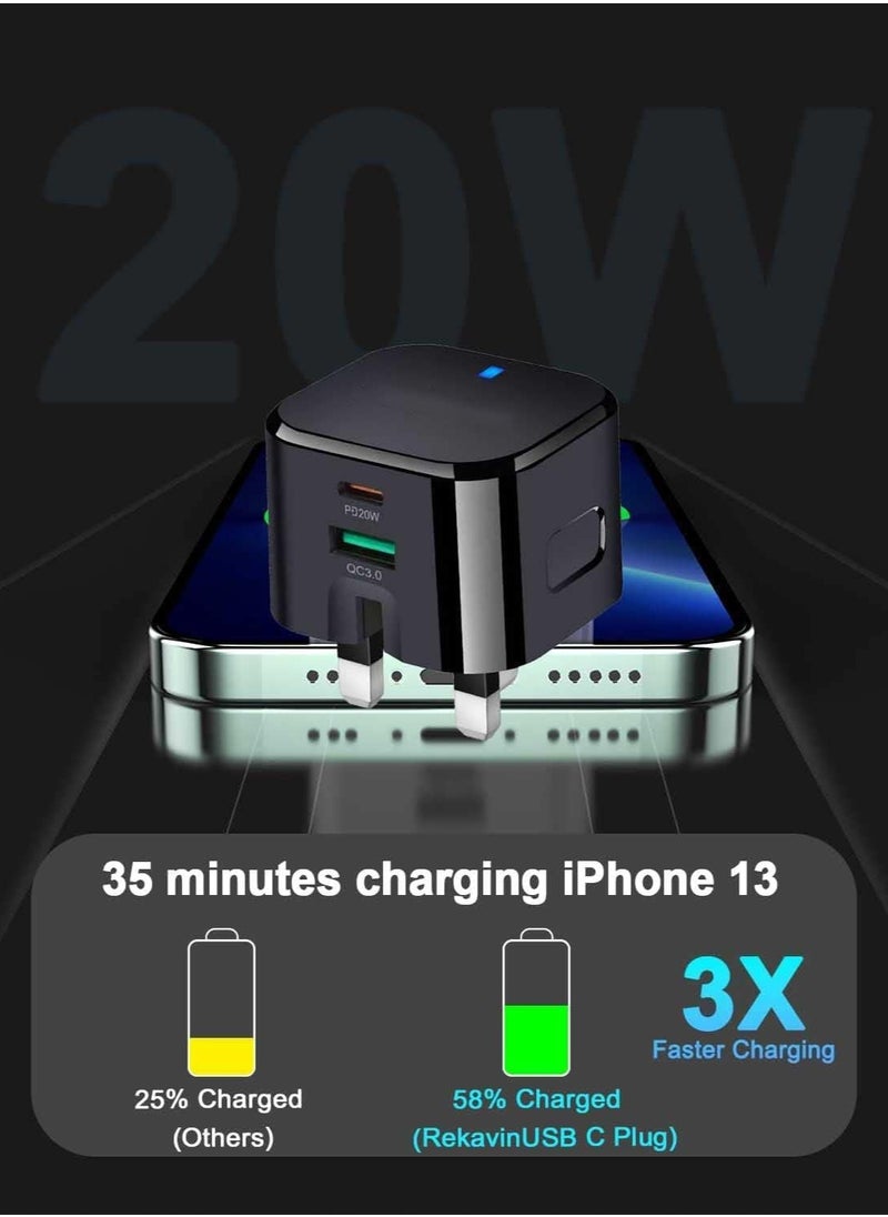 Yakiter - 20W USB C Fast Charger, Dual Port USB-C Wall Plug-in USB Charger,20W PD Fast Charger,Compatible with iPhone 14/14 Pro/14 Pro Max/13/12 Pro Max//11/XR/XS Max/X/iPad(Black) - Image 1