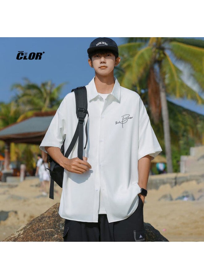 Clor Casual Short-sleeve Shirt For Men, Summer Trendy Printed Top, Lightweight Loose Cardigan Jacket, Cs01 White M - Image 1