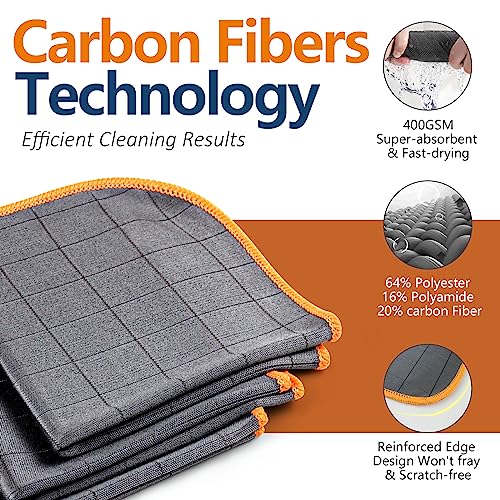 Airlab Carbon Microfiber Towels for Car Glass Window Polishing Cleaning Cloth Auto Detailing Lint Free Streak Free Drying Car Wash Large Towel, Pack of 3, 12" x 12", Grey-Orange - Image 2