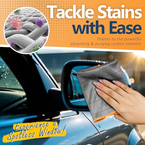 Airlab Carbon Microfiber Towels for Car Glass Window Polishing Cleaning Cloth Auto Detailing Lint Free Streak Free Drying Car Wash Large Towel, Pack of 3, 12" x 12", Grey-Orange - Image 5