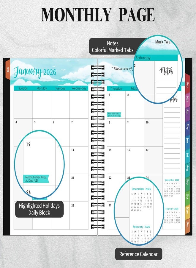 Vondafe 2026 Planner- Planner 2026 Weekly and Monthly, Jan.2026 - Dec.2026, 6.3"×8.4", Weekly & Monthly Planner 2026, Colorful Tabs, Twin-wire Binding, Back Pocket - Black - Image 3