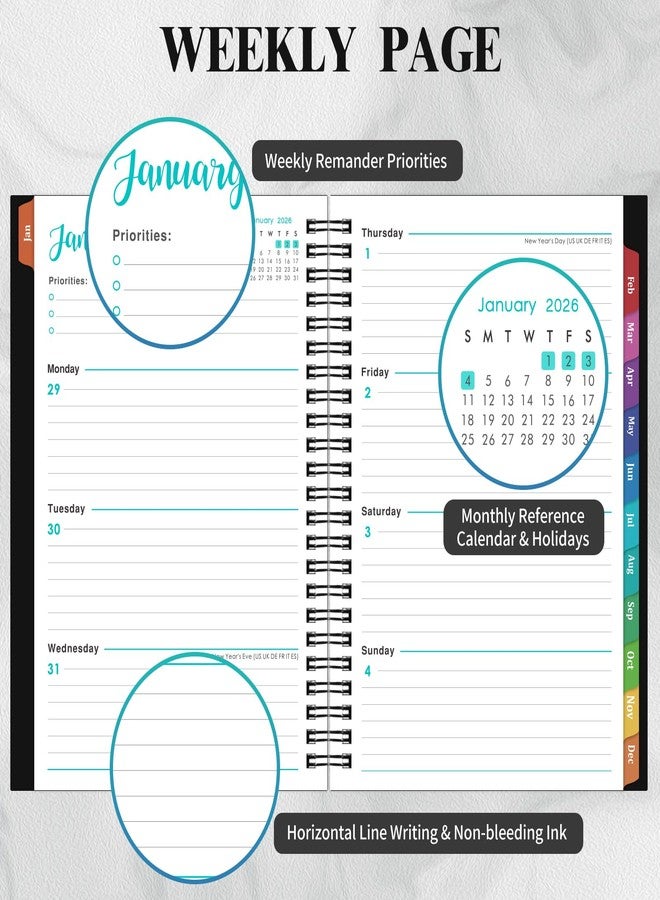 Vondafe 2026 Planner- Planner 2026 Weekly and Monthly, Jan.2026 - Dec.2026, 6.3"×8.4", Weekly & Monthly Planner 2026, Colorful Tabs, Twin-wire Binding, Back Pocket - Black - Image 4