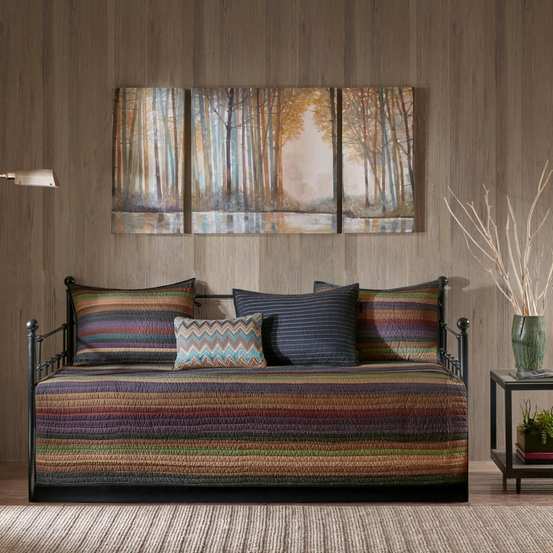 Madison Park Daybed Cover Double Sided Quilting Casual Design All Season Bedding Set with Bedskirt, Matching Shams, Decorative Pillow, 75 in x 39 in, Yosemite, Purple Teal - Image 1