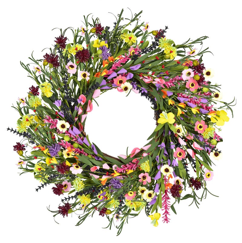 22 Inch Spring Colorful Wreath Artificial Daisy and Lavender Flower Wreath for Front Door Home Decoration