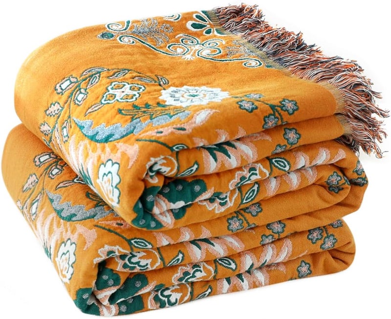 LUTBM Boho Throw Blanket for Bed - 100% Cotton Ultra Soft Rustic Quilt Fall Blanket - Floral Printed Farmhouse Decor Bed Blankets,90"×98" All Season Rustic Throw for Sofa Couch Chair - Image 1