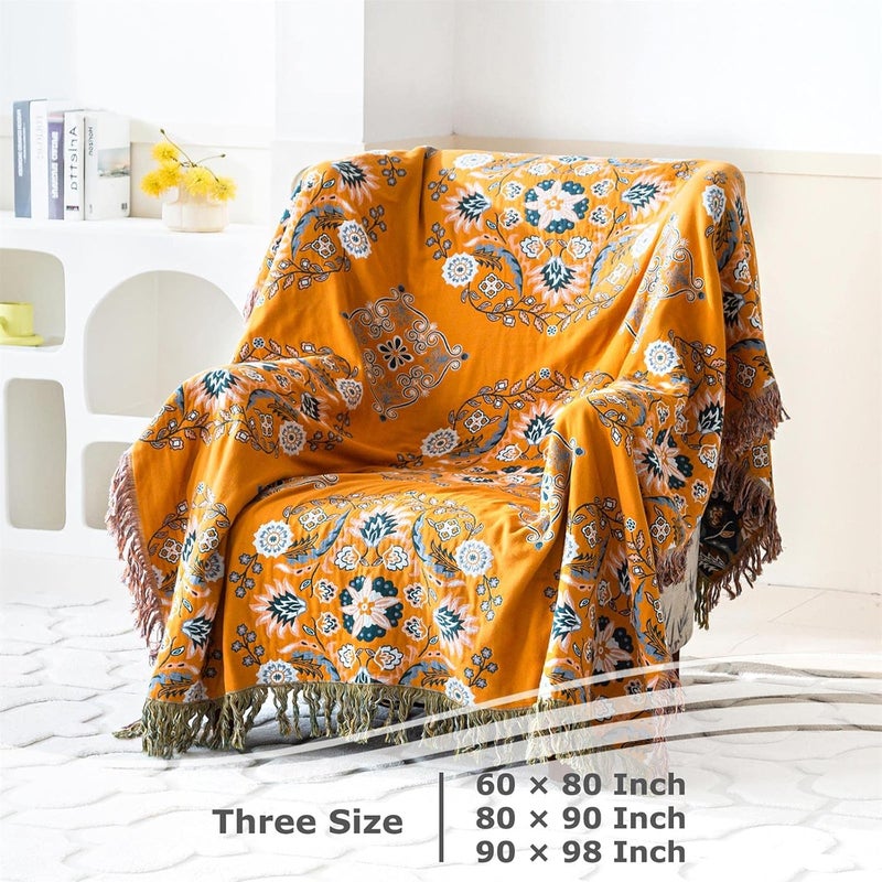 LUTBM Boho Throw Blanket for Bed - 100% Cotton Ultra Soft Rustic Quilt Fall Blanket - Floral Printed Farmhouse Decor Bed Blankets,90"×98" All Season Rustic Throw for Sofa Couch Chair - Image 5